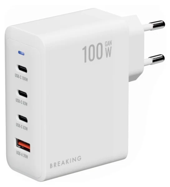 Адаптер Breaking GC100 GaN 3xUSB-C + USB-A 100W (White)