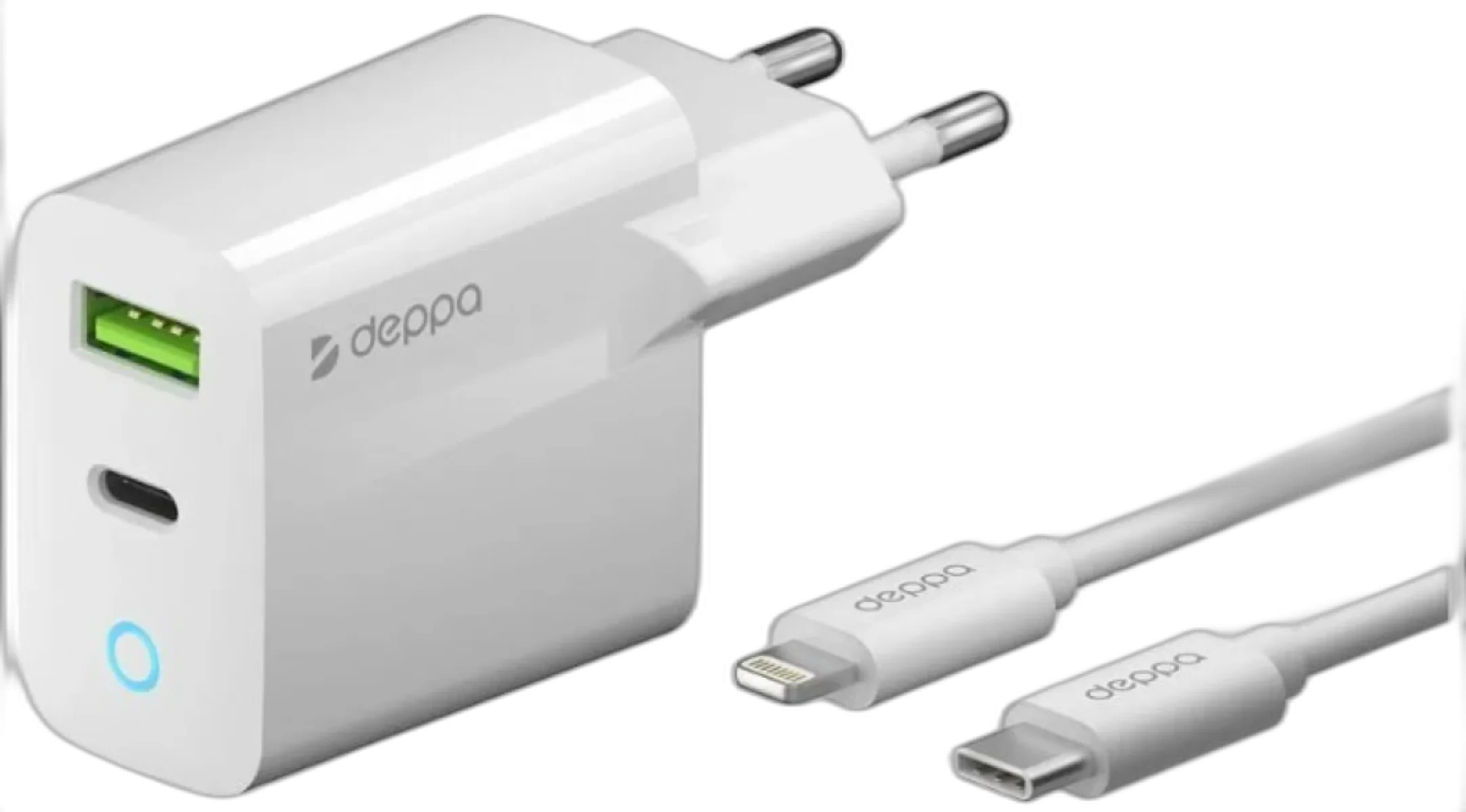 Адаптер Deppa USB-A + USB-C 20W с кабелем Lightning 1m (White)