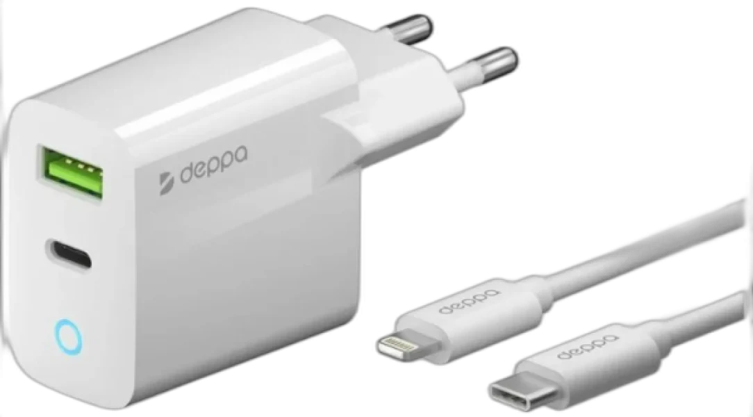Адаптер Deppa USB-A + USB-C 20W с кабелем Lightning 1m (White)
