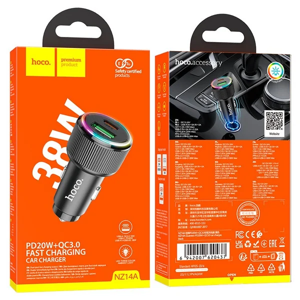 Автомобильное зарядное устройство Hoco NZ14A Guerrero USB-A + USB-C 38W (Black)