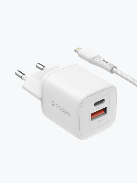 Адаптер Deppa Wall Charger USB-A + USB-C 20W с кабелем Lightning 1m (White).