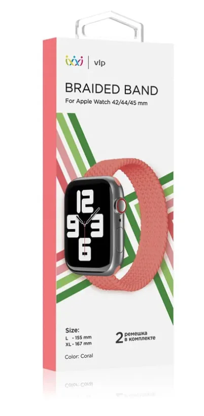 Ремешок нейлоновый плетёный VLP для Apple Watch 42/44/45, 2 шт коралловый