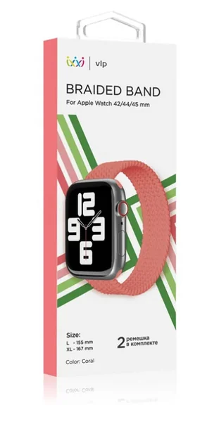 Ремешок нейлоновый плетёный VLP для Apple Watch 42/44/45, 2 шт коралловый
