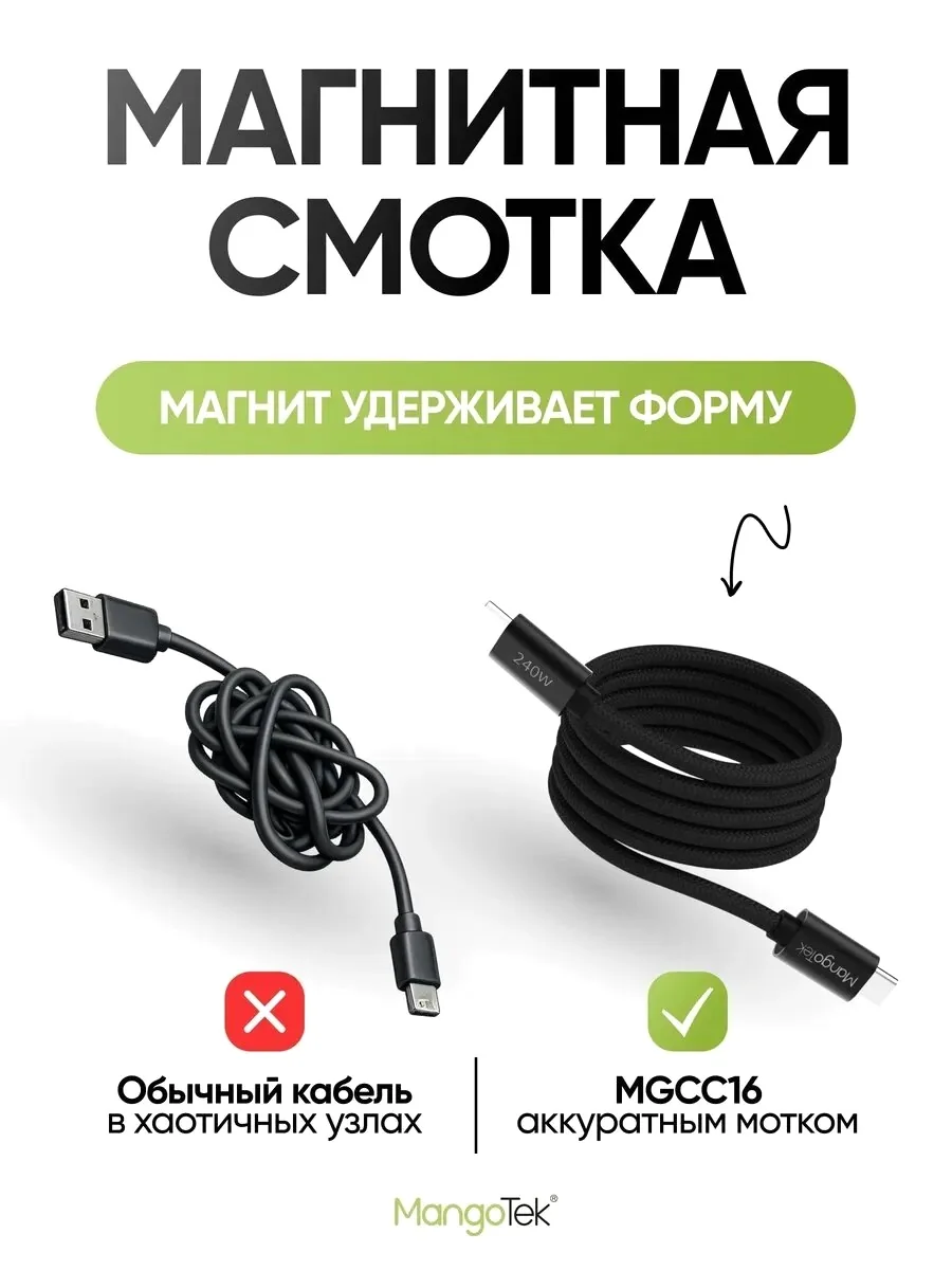 Кабель магнитный MangoTek MGCC16 USB-C - USB-C 240W 1м (Black)