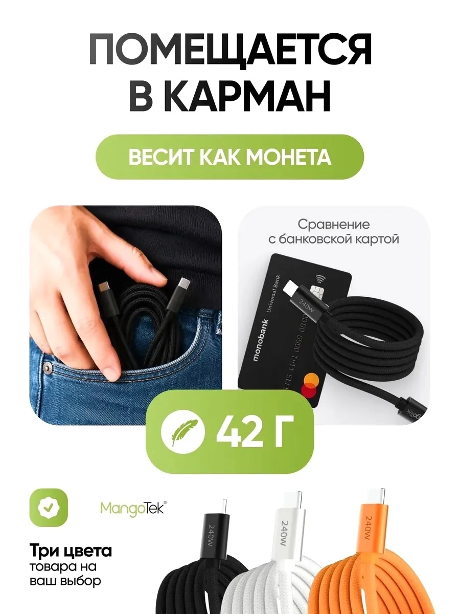 Кабель магнитный MangoTek MGCC16 USB-C - USB-C 240W 1м (Black)