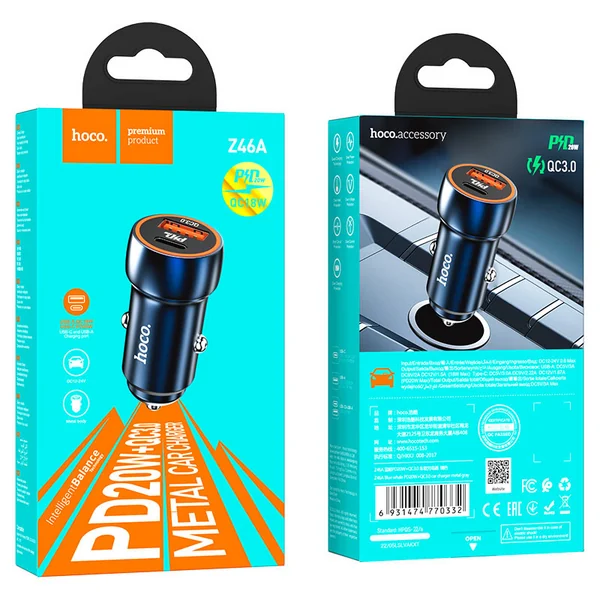 Автомобильное зарядное устройство Hoco Z46A Blue Whale USB-A + USB-C 38W (Metal Gray)