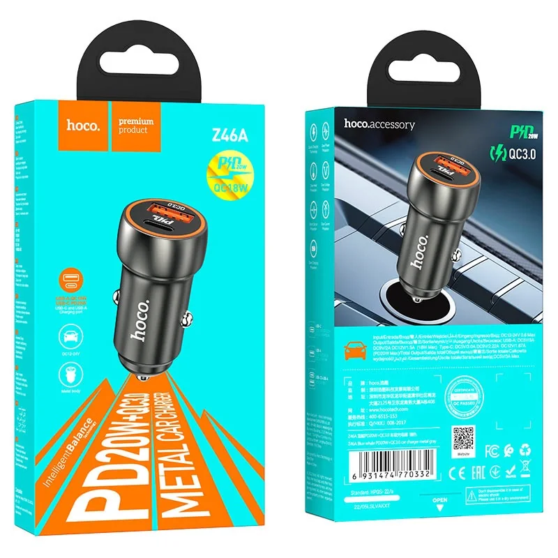 Автомобильное зарядное устройство Hoco Z46A Blue Whale USB-A + USB-C 38W (Metal Gray)