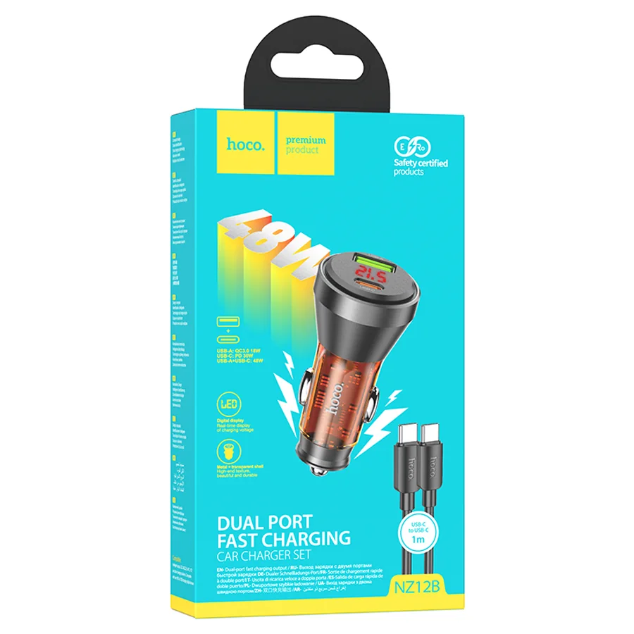 Автомобильное зарядное устройство Hoco NZ12B Unimpeded USB-A + USB-C 48W (Transparent Orange)