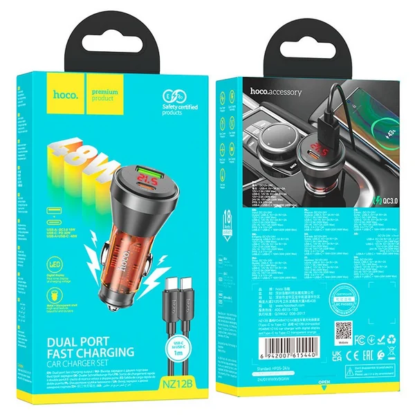Автомобильное зарядное устройство Hoco NZ12B Unimpeded USB-A + USB-C 48W (Transparent Orange)