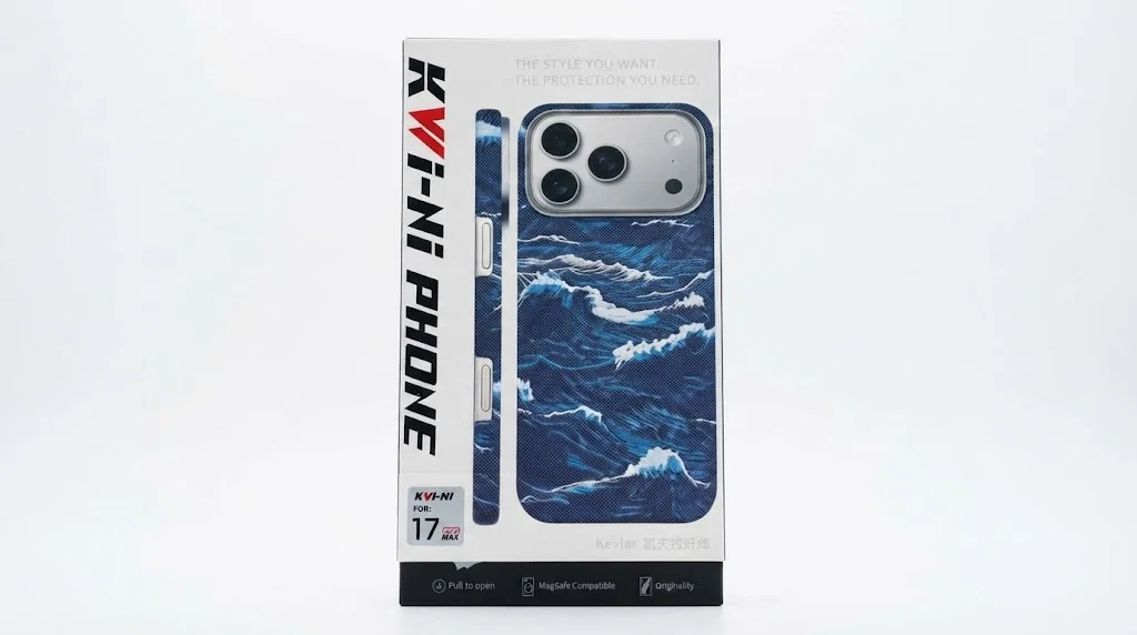 Чехол Kwi-Ni с MagSafe для iPhone 17 Pro Max / 18 Pro Max под карбон волны синий