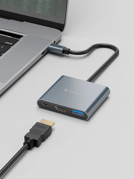 Deppa USB Type-C хаб 3 в 1, HDMI, Power Delivery, USB 3.0, серый