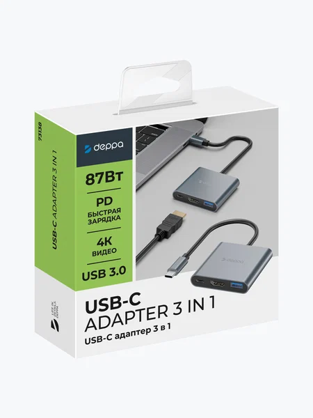 Deppa USB Type-C хаб 3 в 1, HDMI, Power Delivery, USB 3.0, серый