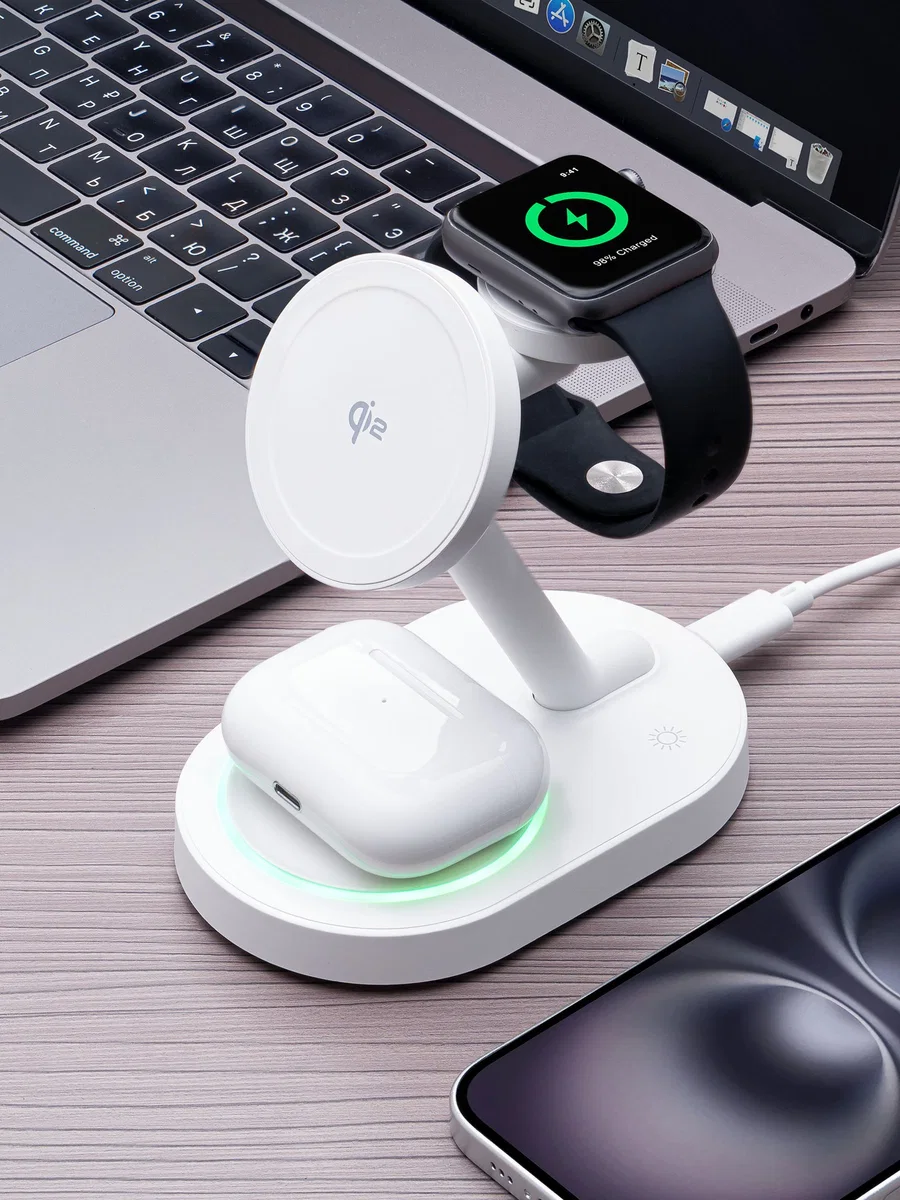 Беспроводная зарядная станция Deppa NEO 3 в 1 MagSafe 23W (White)