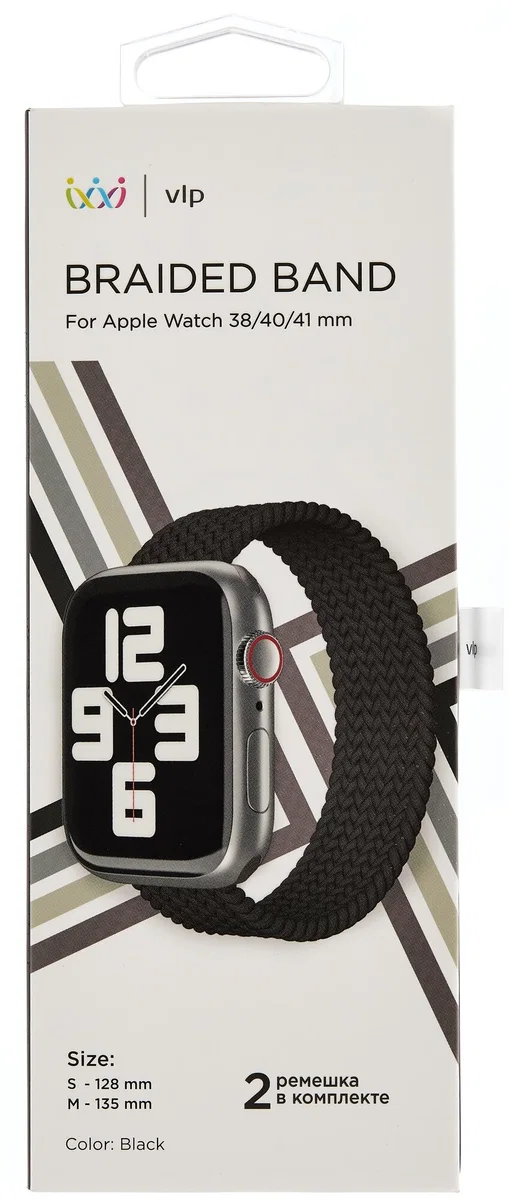 Ремешок нейлоновый плетёный VLP для Apple Watch 38/40/41, S/M, 2шт, чёрный
