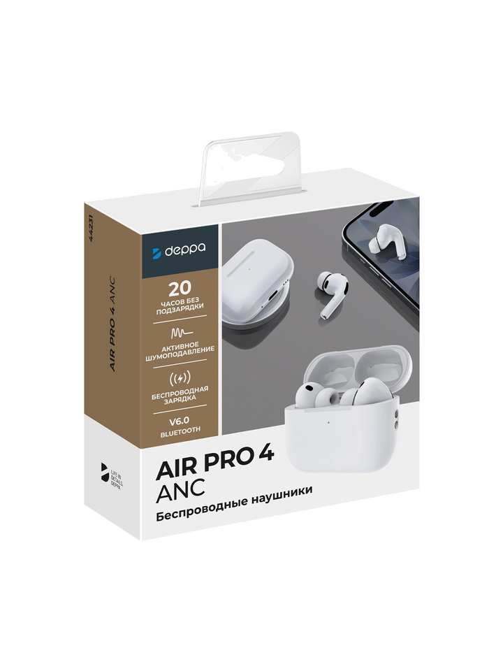 Беспроводные наушники Deppa Air Pro 4 ANC, TWS, BT 6.0, 300 мАч, ANC, QI, белый, Deppa