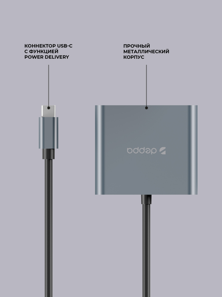 Deppa USB Type-C хаб 3 в 1, HDMI, Power Delivery, USB 3.0, серый