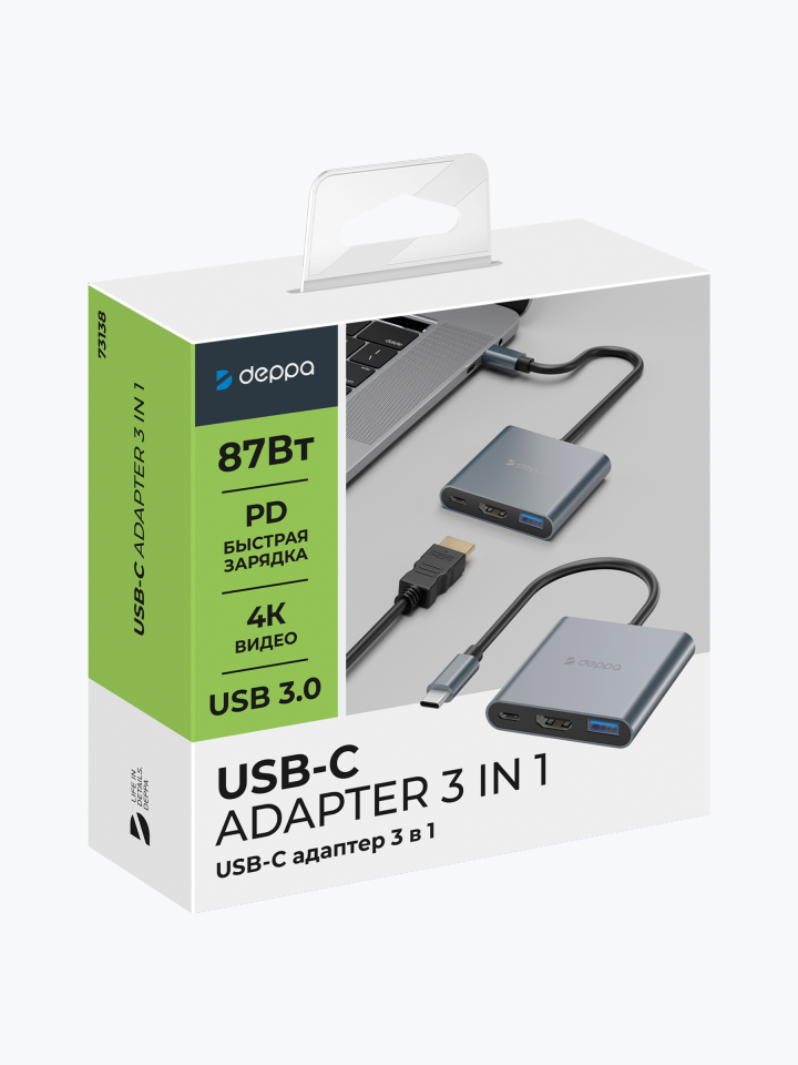 Deppa USB Type-C хаб 3 в 1, HDMI, Power Delivery, USB 3.0, серый